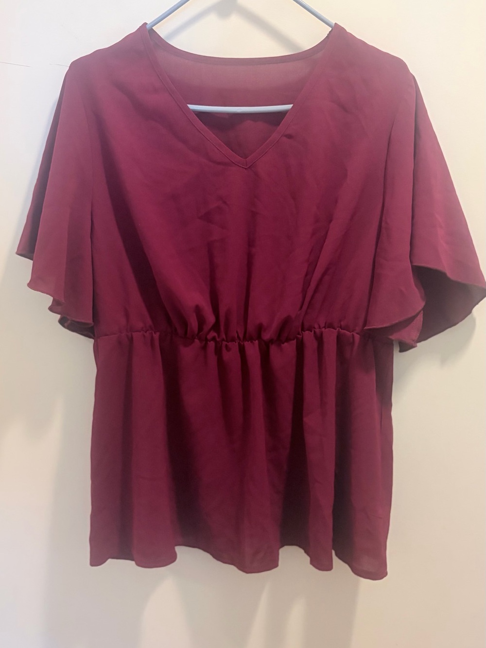 SHEIN Burgundy V-Neck Flutter Sleeve Blouse NWOT